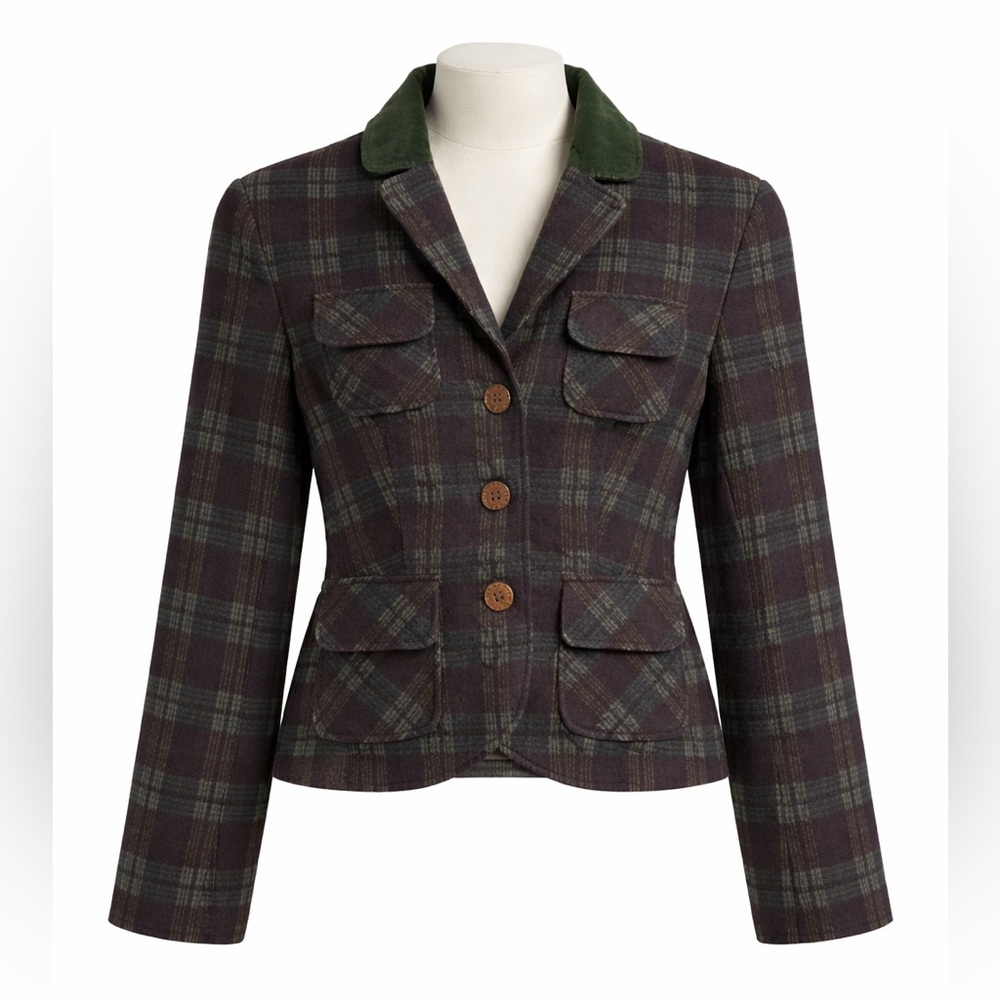 Alberta Ferretti Wool Plaid Blazer Jacket faux leather elbow patches